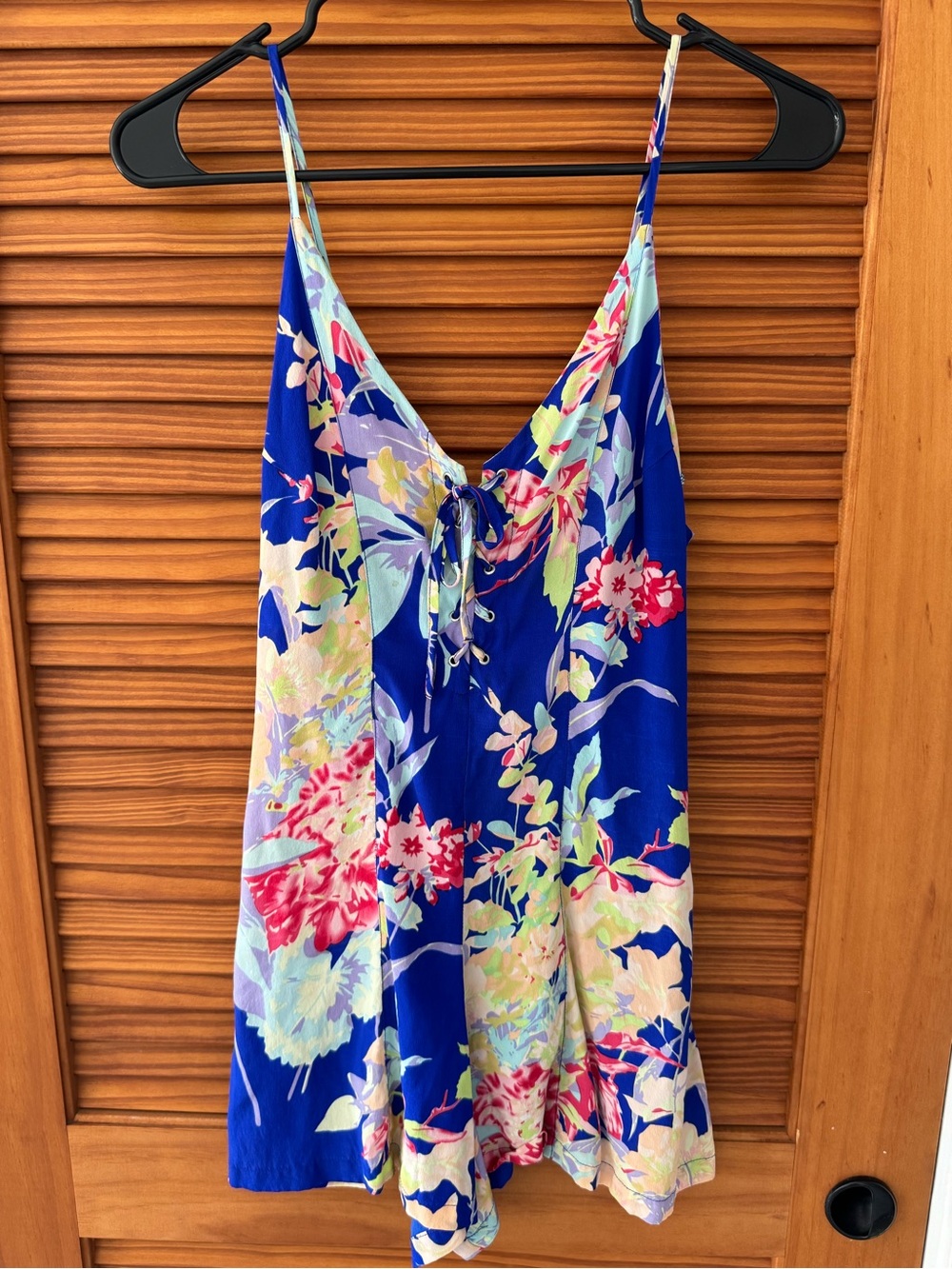 YUMI KIM Blue Floral Silk Romper with Pink and Green Accents
